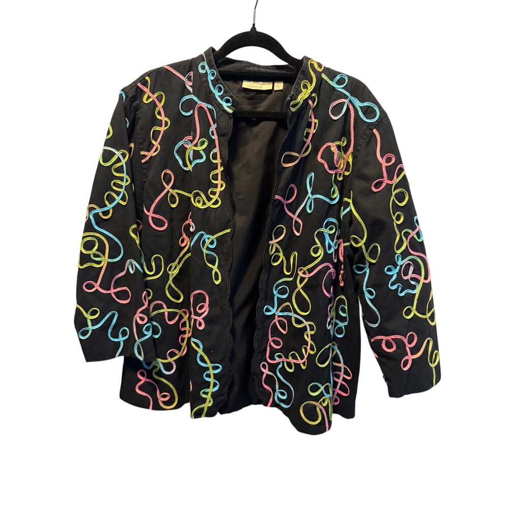 Choices Womens L Vintage Ribbon Embroidery Open Front Jacket Black Abstract Y2K